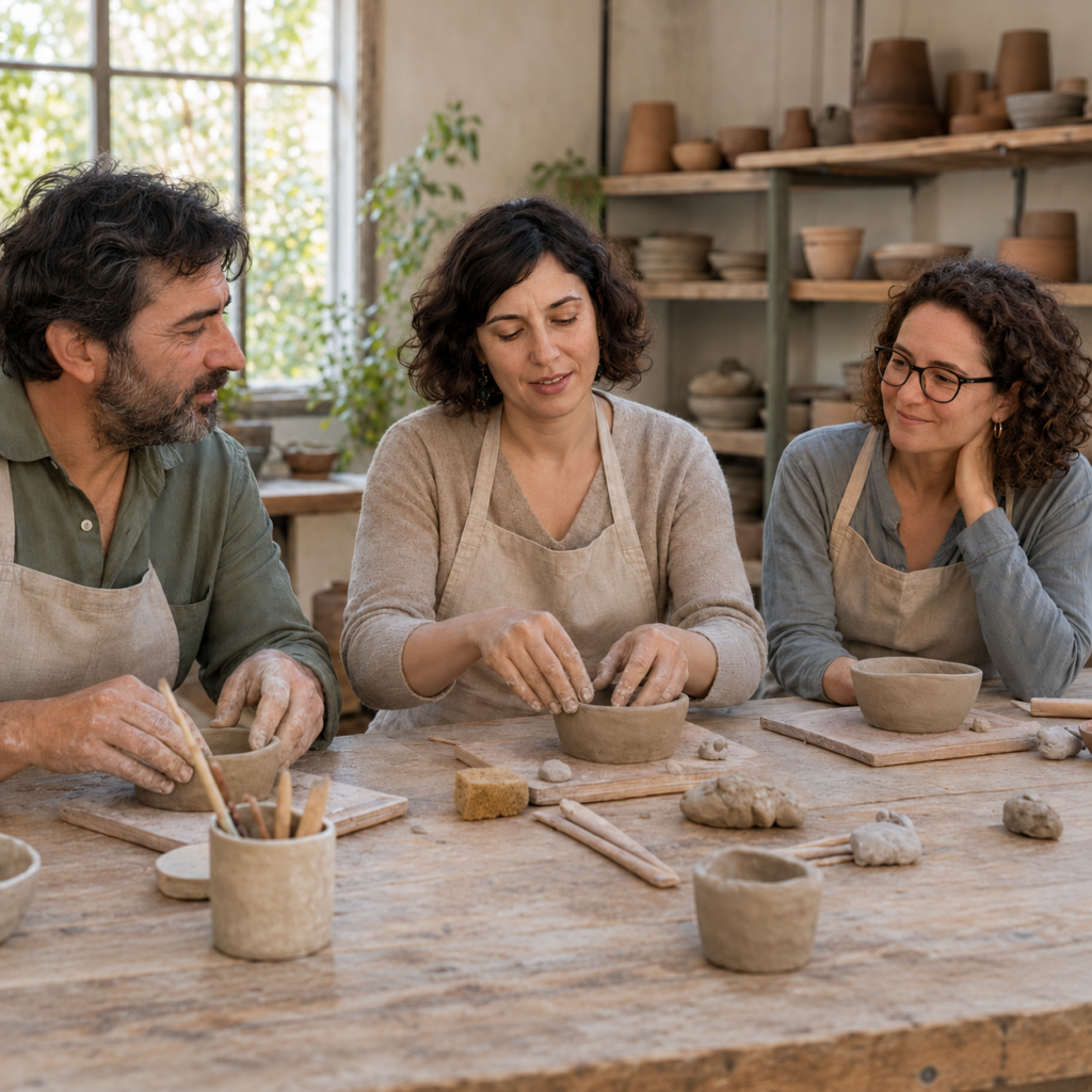 Tres persones fan un taller de ceramica .