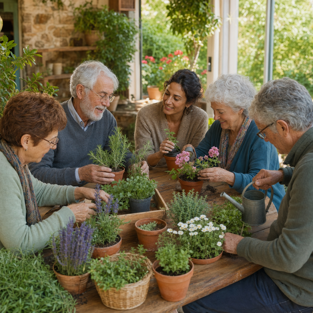 Cuatre persones grans fan un taller de jardineria, amb el suport d'una monitora.