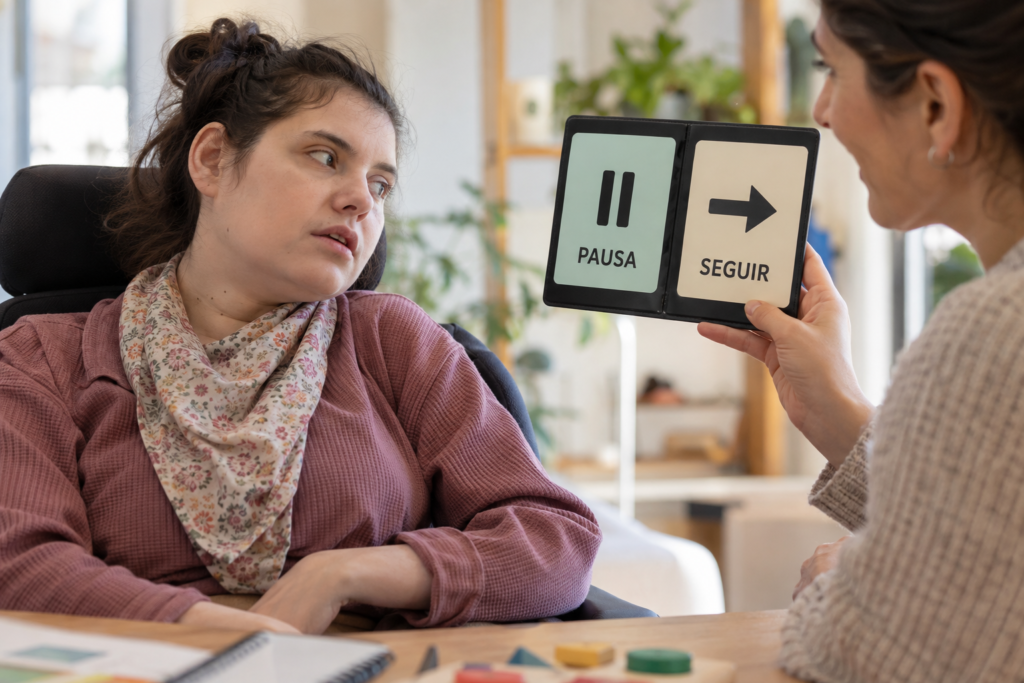 Imatge generada amb IA.  Una terapeuta li ensenya dues opcions a una dona. Les opcions son pausa o seguir. 